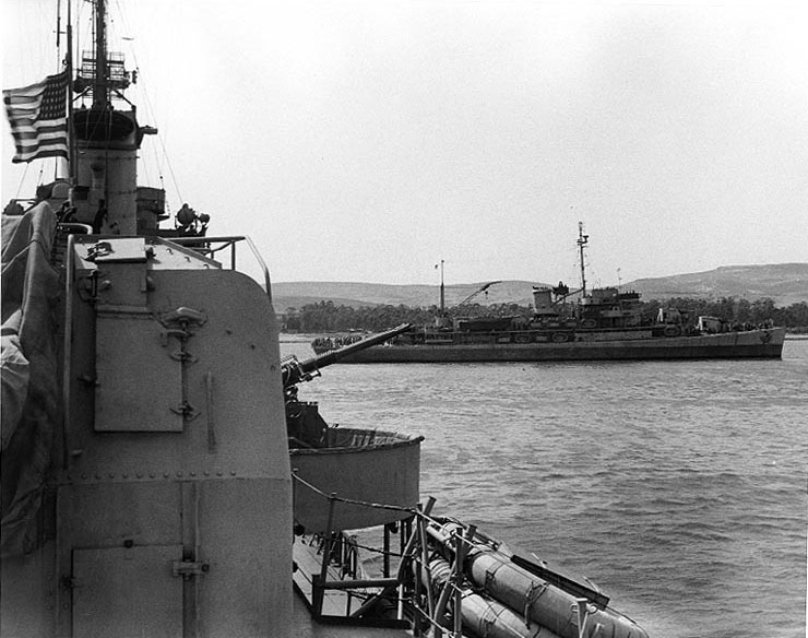 Biscayne as the flagship of the 'Joss' (Licata) invasion force during the invasion of Sicily, Jul 1943; destroyer Buck in foreground