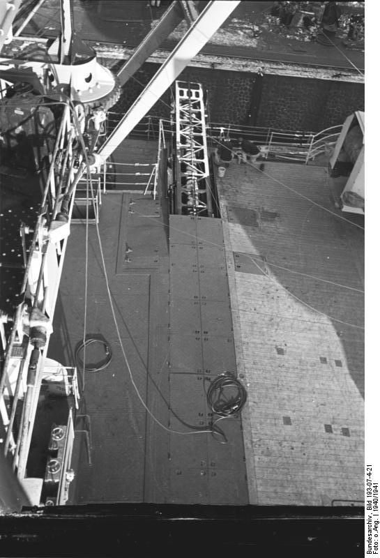 Looking down from battleship Bismarck's superstructure at the area of the aircraft catapult, 1940-1941, photo 1 of 2