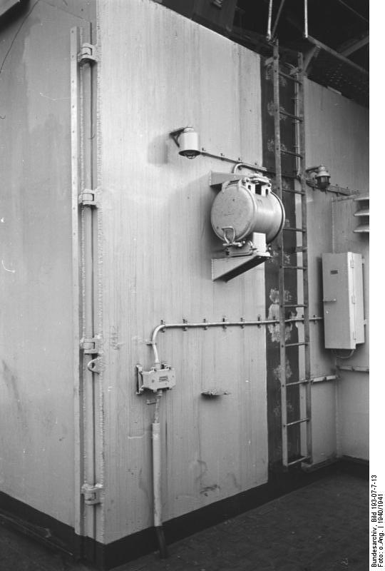 View aboard battleship Bismarck in the area of the starboard hangar, 1940-1941