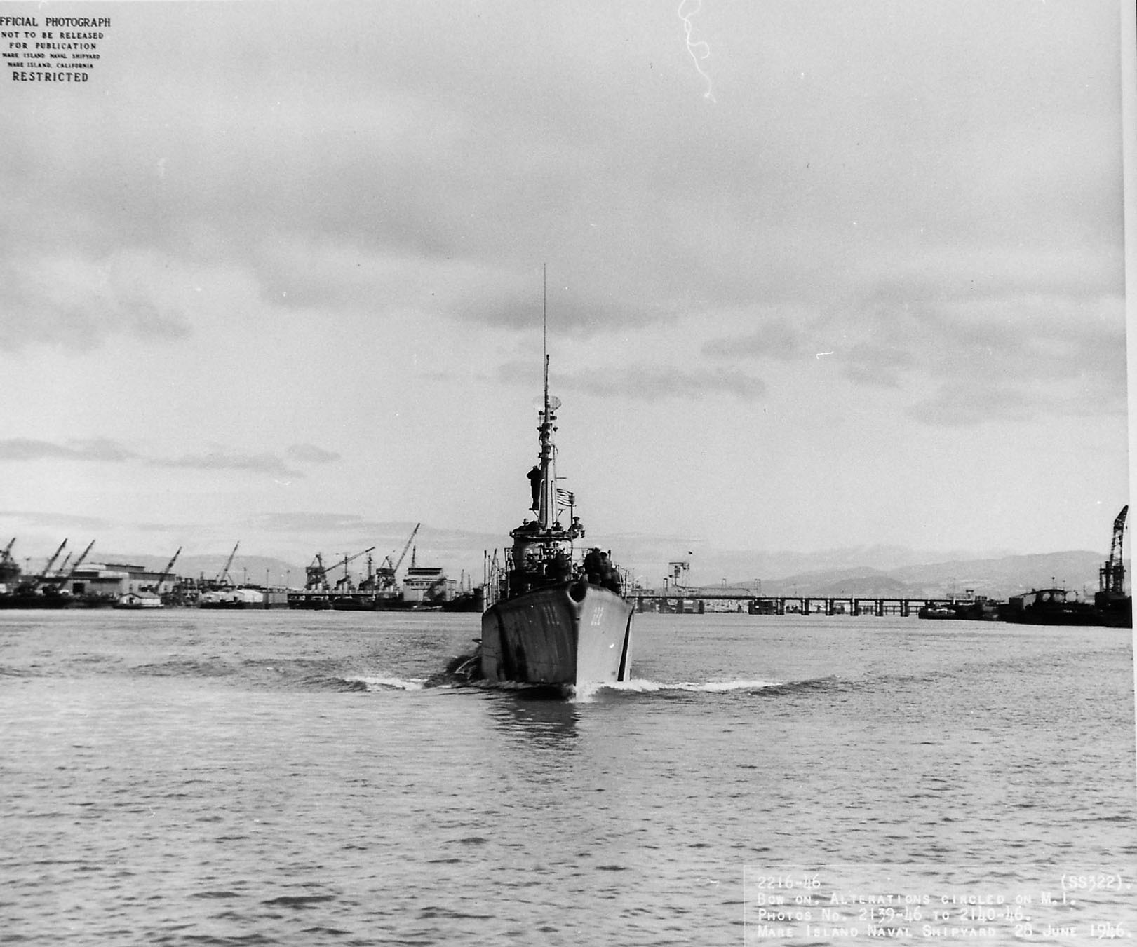 USS Blackfin departing Mare Island Navy Yard, California, United States, 28 Jun 1946, photo 1 of 3