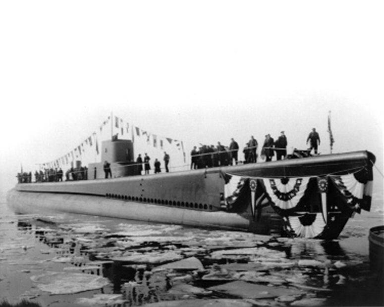 Submarine Bluefish shortly after launching, Groton, Connecticut, United States, 21 Feb 1943