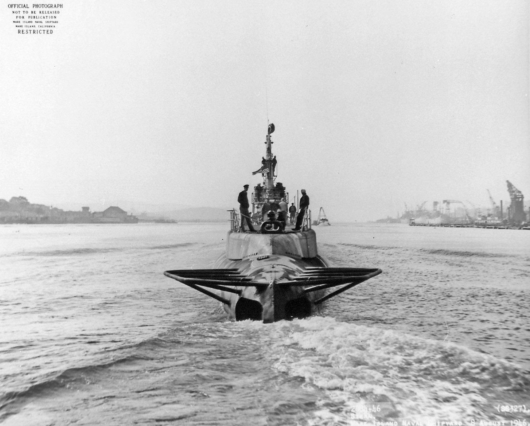 Stern view of USS Boarfish off Mare Island Navy Yard, Vallejo, California, United States, 9 Aug 1946
