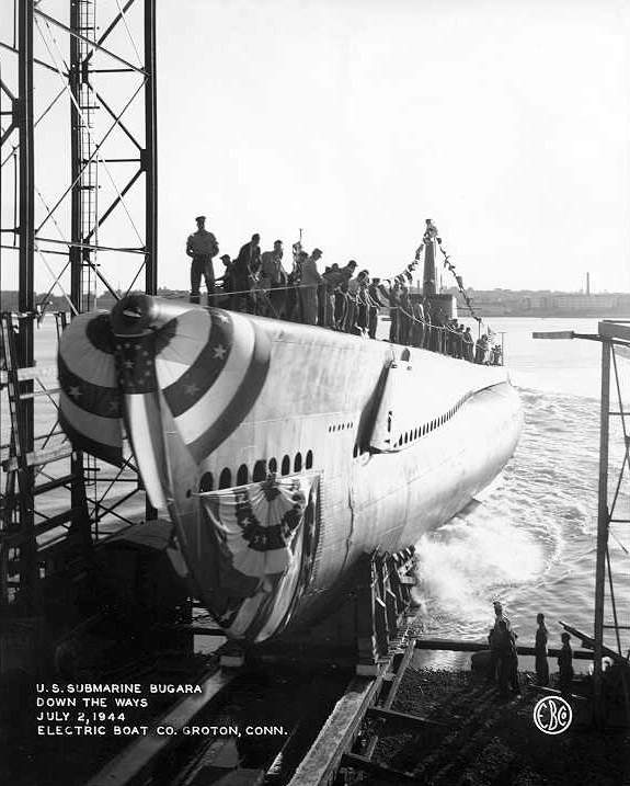 Launching ceremony of submarine Bugara, Groton, Connecticut, United States, 2 Jul 1944