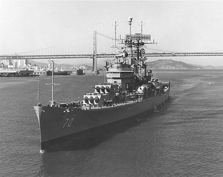USS Canberra off the San Francisco Naval Shipyard just prior to her inactivation work, California, United States, 1 Oct 1969; San Francisco Bay Bridge in background