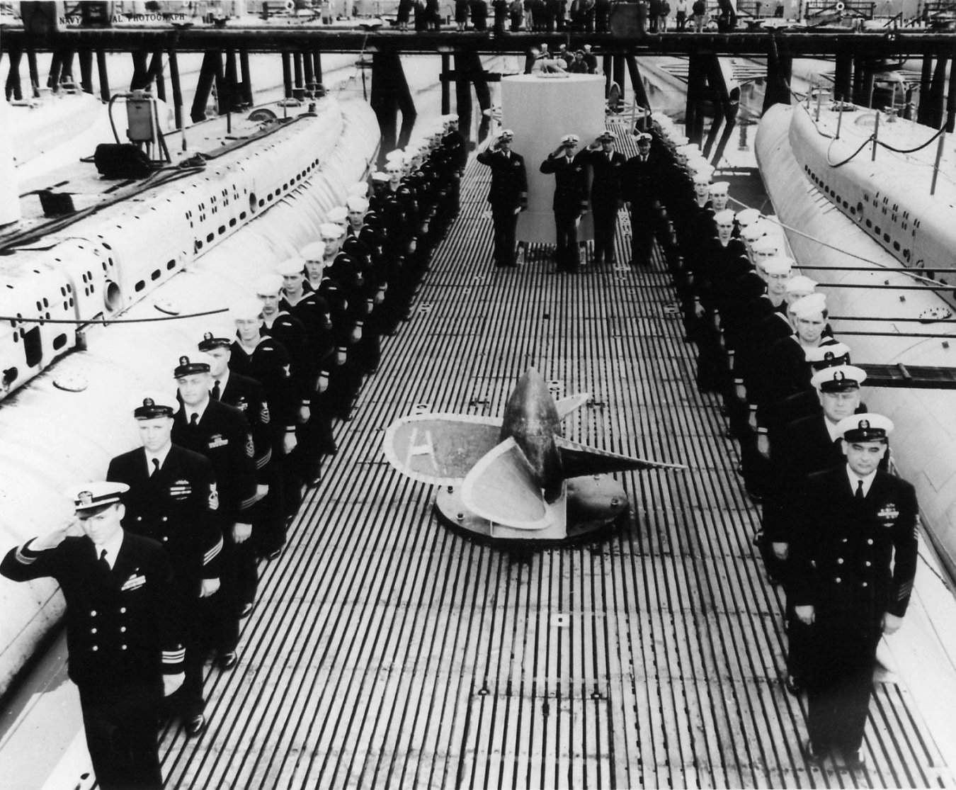 Decommissioning ceremony of USS Capitaine, Mare Island Navy Yard, Vallejo, California, United States, 10 Feb 1950