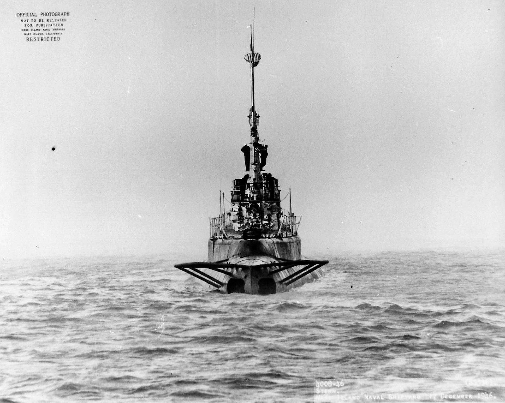 Stern view of USS Capitaine off Mare Island Navy Yard, Vallejo, California, United States, 17 Dec 1946