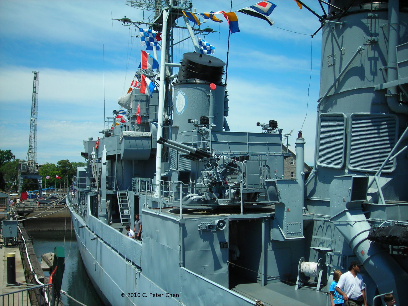 View of port side amidships of museum ship USS Cassin Young, Boston, Massachusetts, United States, 4 Jul 2010; note quadruple 40mm Bofors anti-aircraft gun mount