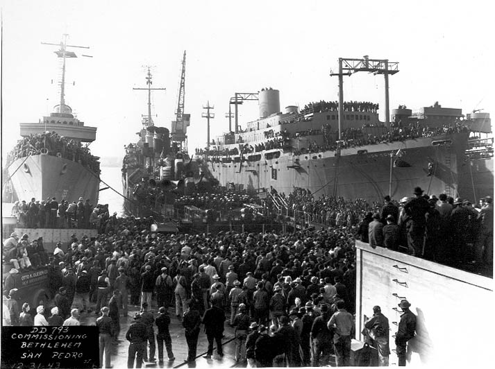 Commissioning ceremony of USS Cassin Young, San Pedro, California, United States, 31 Dec 1943; note USS Preston at left and USS Comfort at right