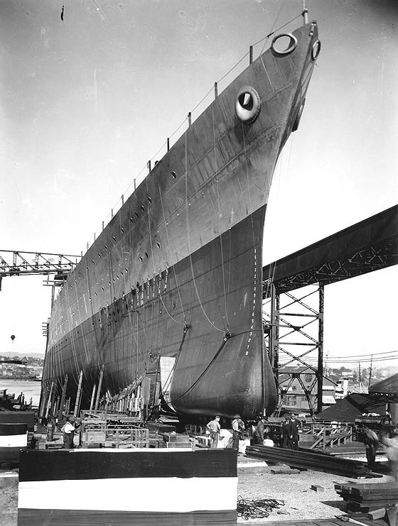 Chicago being prepared for launching, at the Mare Island Navy Yard, California, 8 Apr 1930