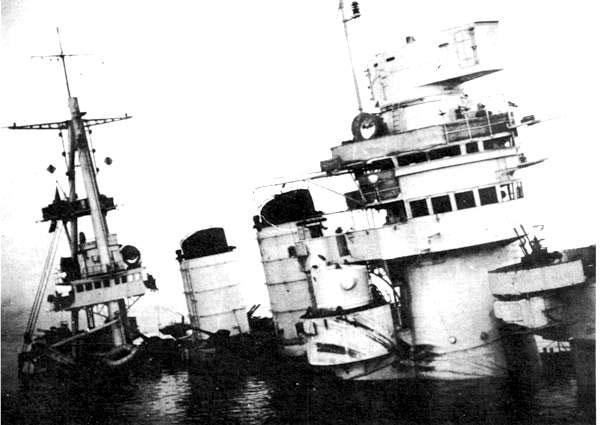 Conte di Cavour sinking in Taranto harbor, 12 Nov 1940