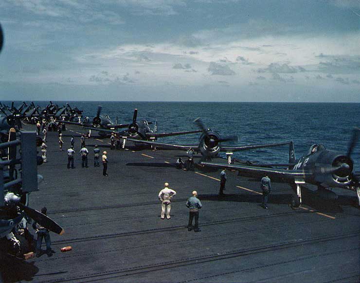 Hellcat fighters warming up aboard USS Cowpens during Marshall Islands Campaign, Jan 1944