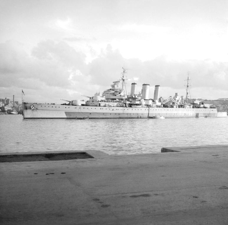Cumberland in Grand Harbour, Malta, 8 Jan 1946