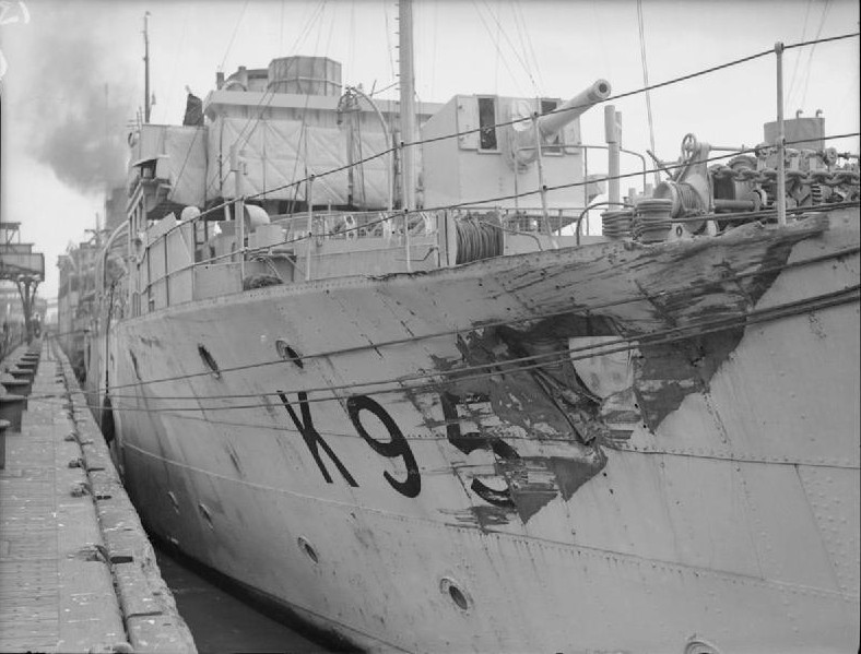 HMS Dianthus at Liverpool, England, United Kingdom, mid to late Aug 1942; note bow damage sustained from ramming U-379