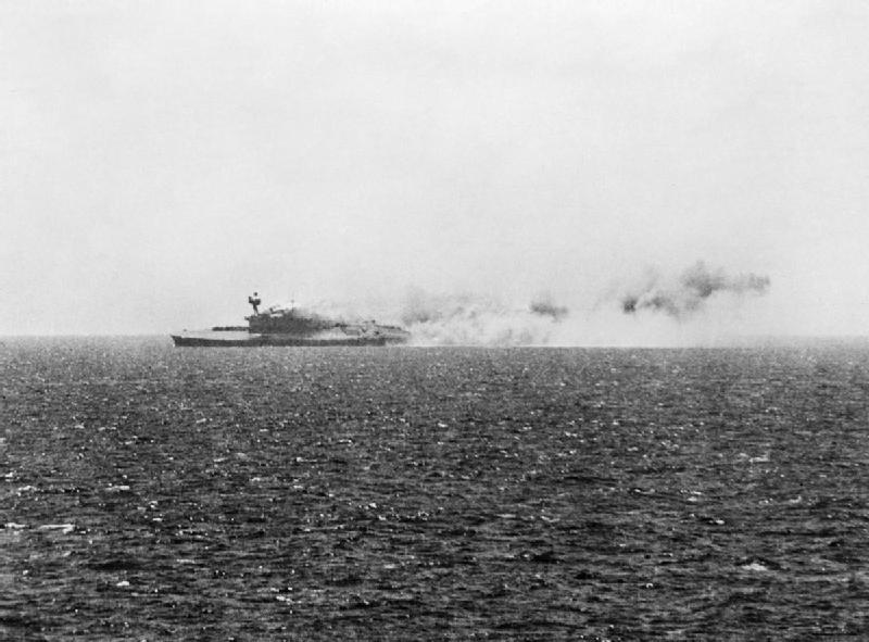 HMS Eagle listing in the Mediterranean Sea, 11 Aug 1942