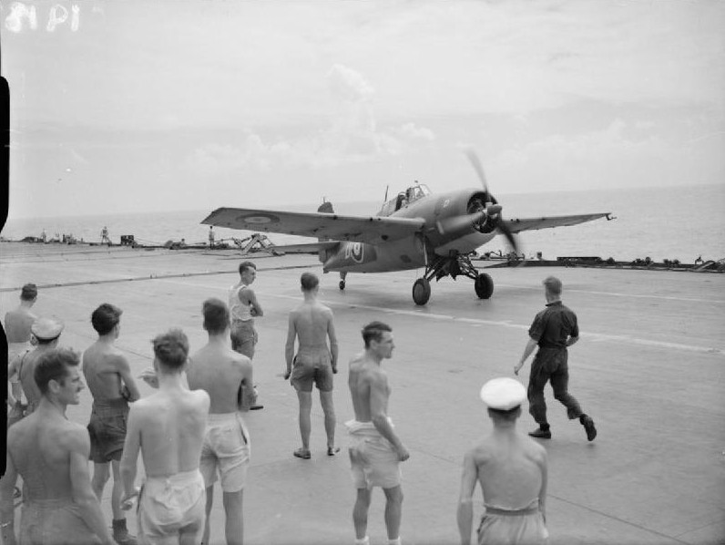 Martlet fighter of No. 888 Squadron FAA taxiing on the flight deck of HMS Formidable after landing, 1940s