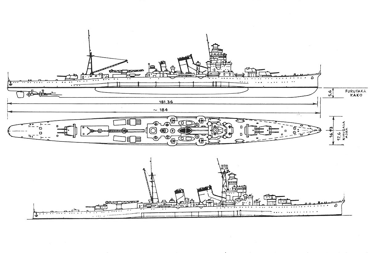 US Navy recognition drawings of Japanese cruisers Furutaka, Kako, Kinugasa, and Aoba, circa 1930s