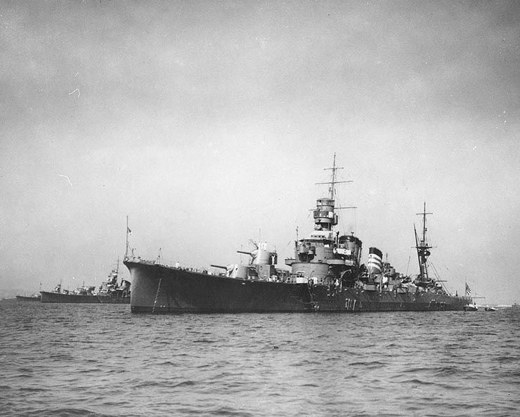 Furutaka at anchor off Shinagawa, Japan, Oct 1935; note Aoba and Kinugasa in background