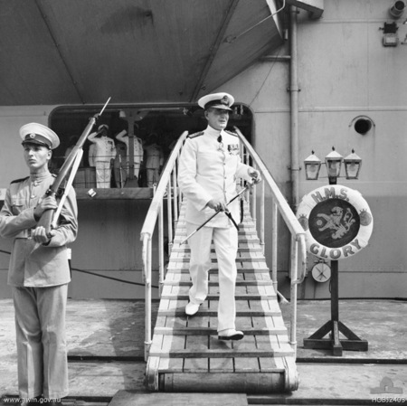 Vice Admiral Guy Russell leaving HMS Glory, Kure, Japan, circa 29 Sep 1951
