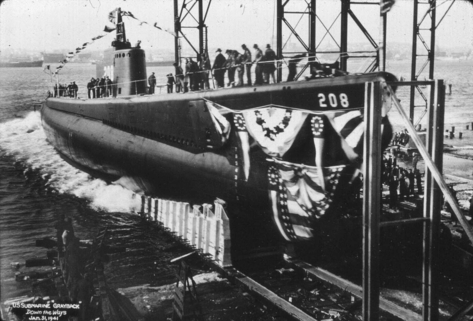 Launch of submarine Grayback, Groton, Connecticut, United States, 31 Jan 1941