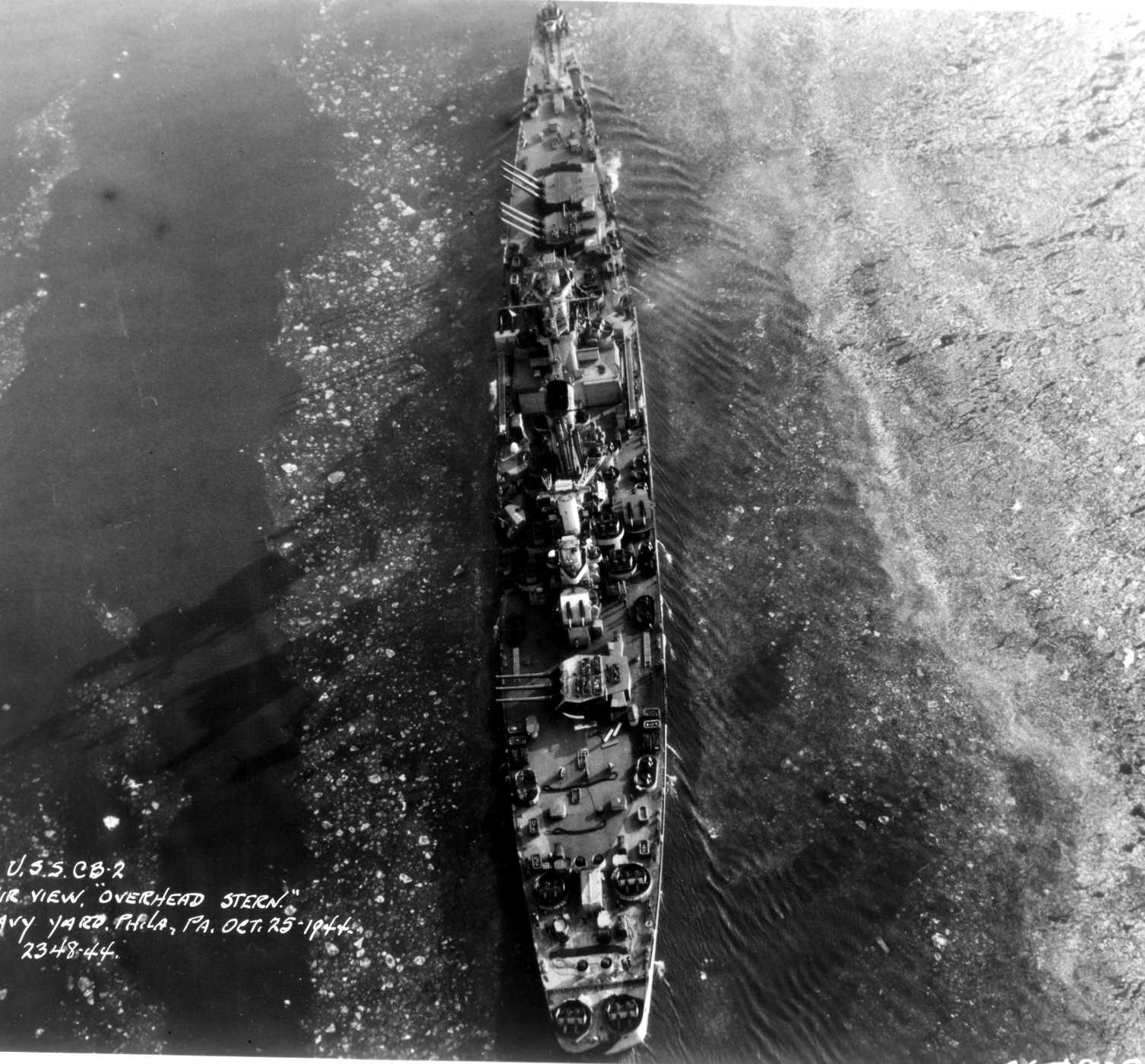 Aerial view of large cruiser Guam, Philadelphia Navy Yard, Pennsylvania, United States, 25 Oct 1944, photo 5 of 5