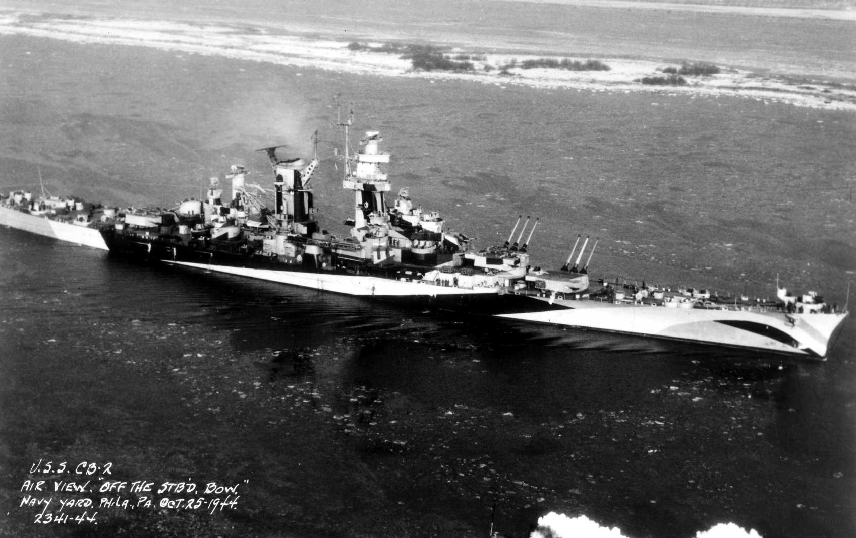Starboard view of large cruiser Guam, Philadelphia Naval Yard, Pennsylvania, United States, 25 Oct 1944
