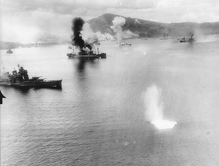 USAAF 3rd Bomb Group aircraft attacking Haguro and other ships in Simpson Harbor, Rabaul, New Britain, 2 Nov 1943, photo 2 of 2