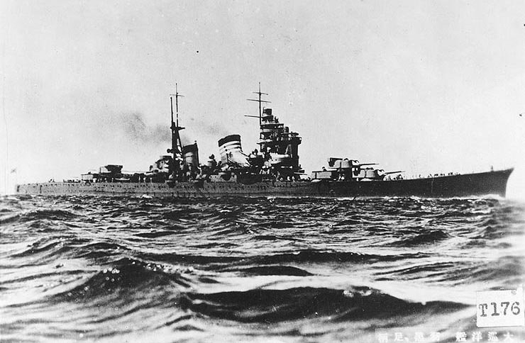 Haguro, probably between Dec 1931 and Nov 1932 when she was the third-ranking ship of Japanese Navy's Cruiser Squadron 4, Fourth Fleet; Japanese inscription in the lower right reads 'Large cruiser Hag