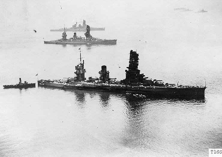 Battleships Yamashiro, Fuso, and Haruna in Tokyo Bay, Japan, circa late 1930s; note two cruisers and an aircraft carrier in distance