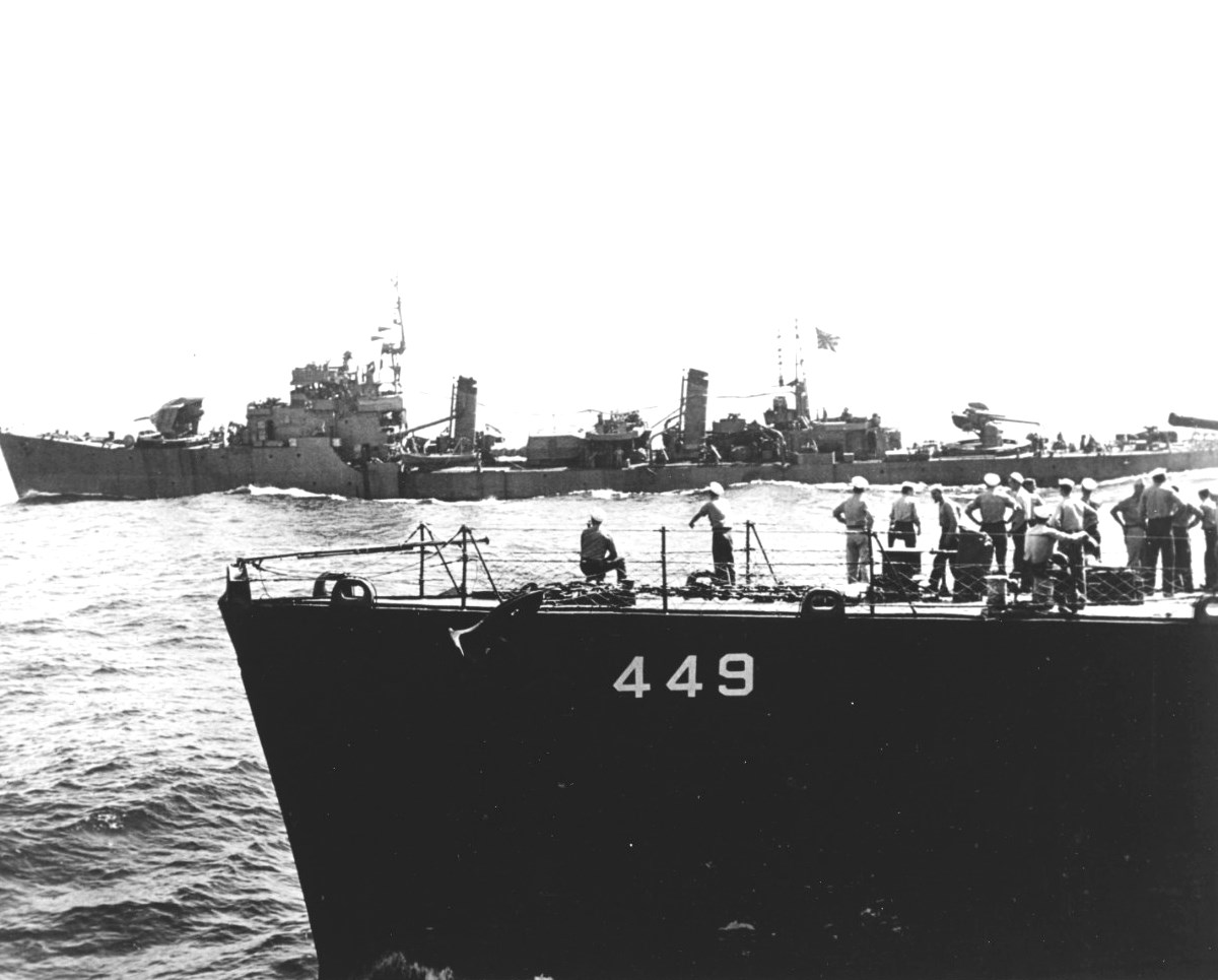 Hatsuzakura and USS Nicholas off Tokyo Bay, 27 Aug 1945 prior to transfer of Japanese translators and harbor pilots to Nicholas. Photo taken from USS O'Bannon.