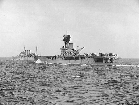 HMS Hermes and HMS Dorsetshire escorting convoy US.3 with Australian and New Zealand troops on board, Atlantic Ocean, 9 Jun 1940