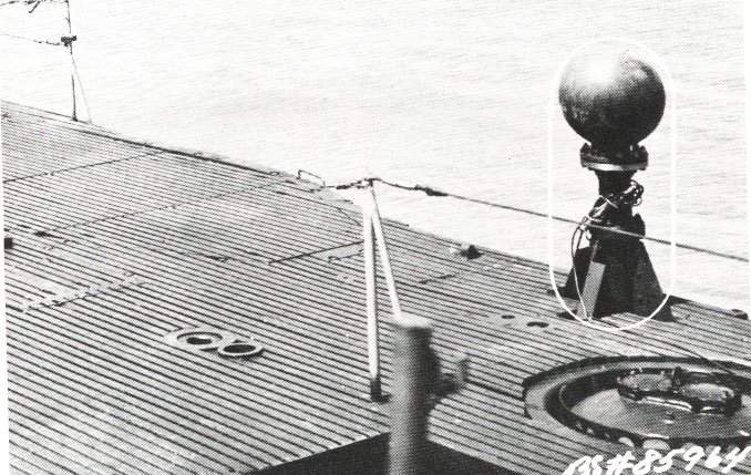 USS Hoe at Mare Island Naval Shipyard, California, United States, 20 Jun 1945, photo 2 of 2; note circle showing recently received equipment