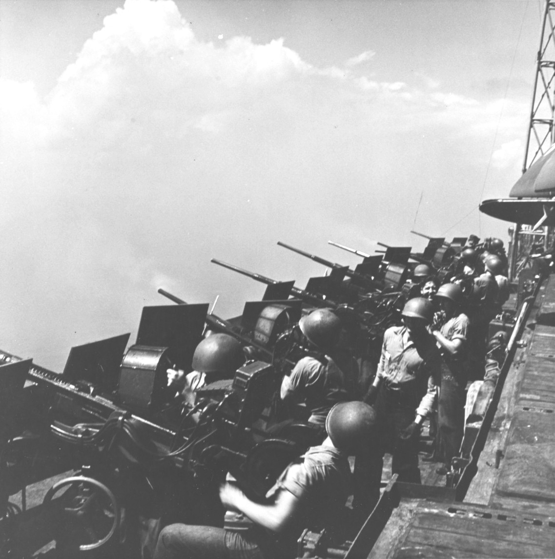 Oerlikon guns in the catwalk of USS Hornet, Feb 1945
