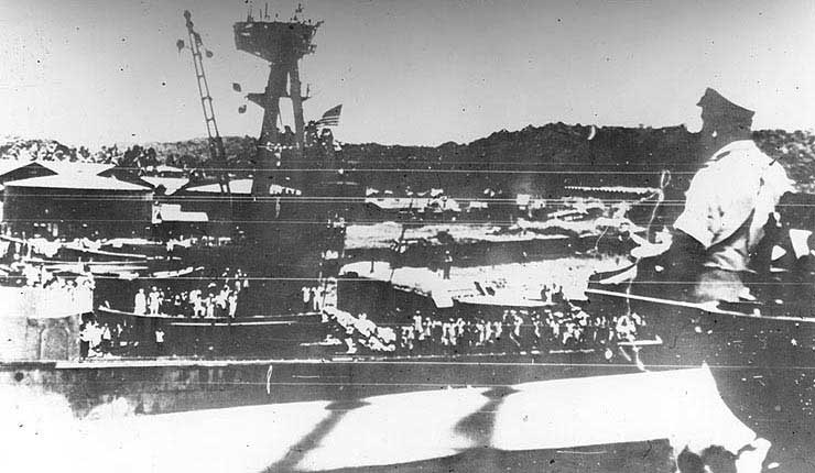 USS Houston at Tjilajap, Java, Dutch East Indies, 6 Feb 1942, seen from USS Marblehead