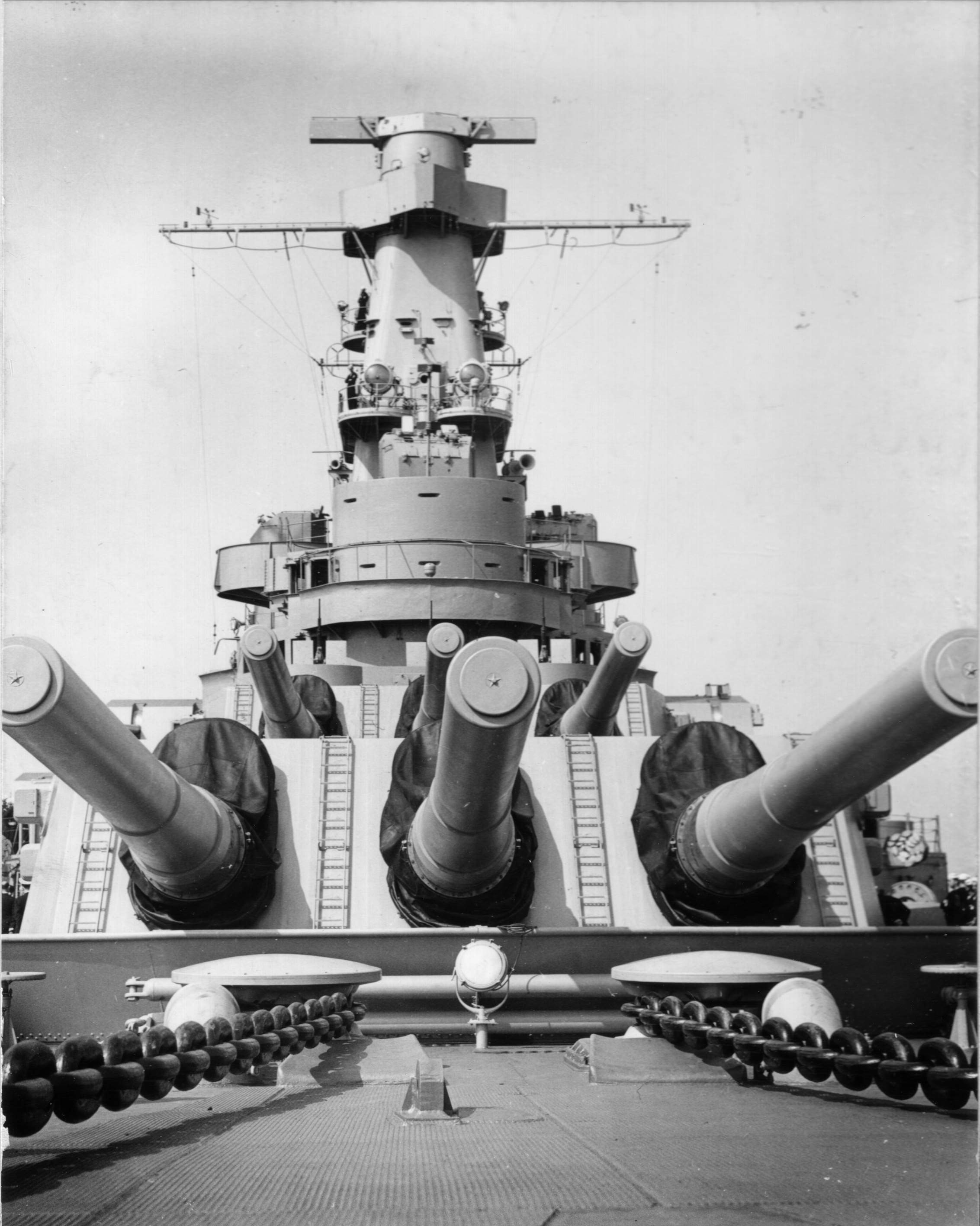 View of battleship Indiana's forward 16-in guns while she was at Newport News, Virginia, United States, 30 Apr 1942