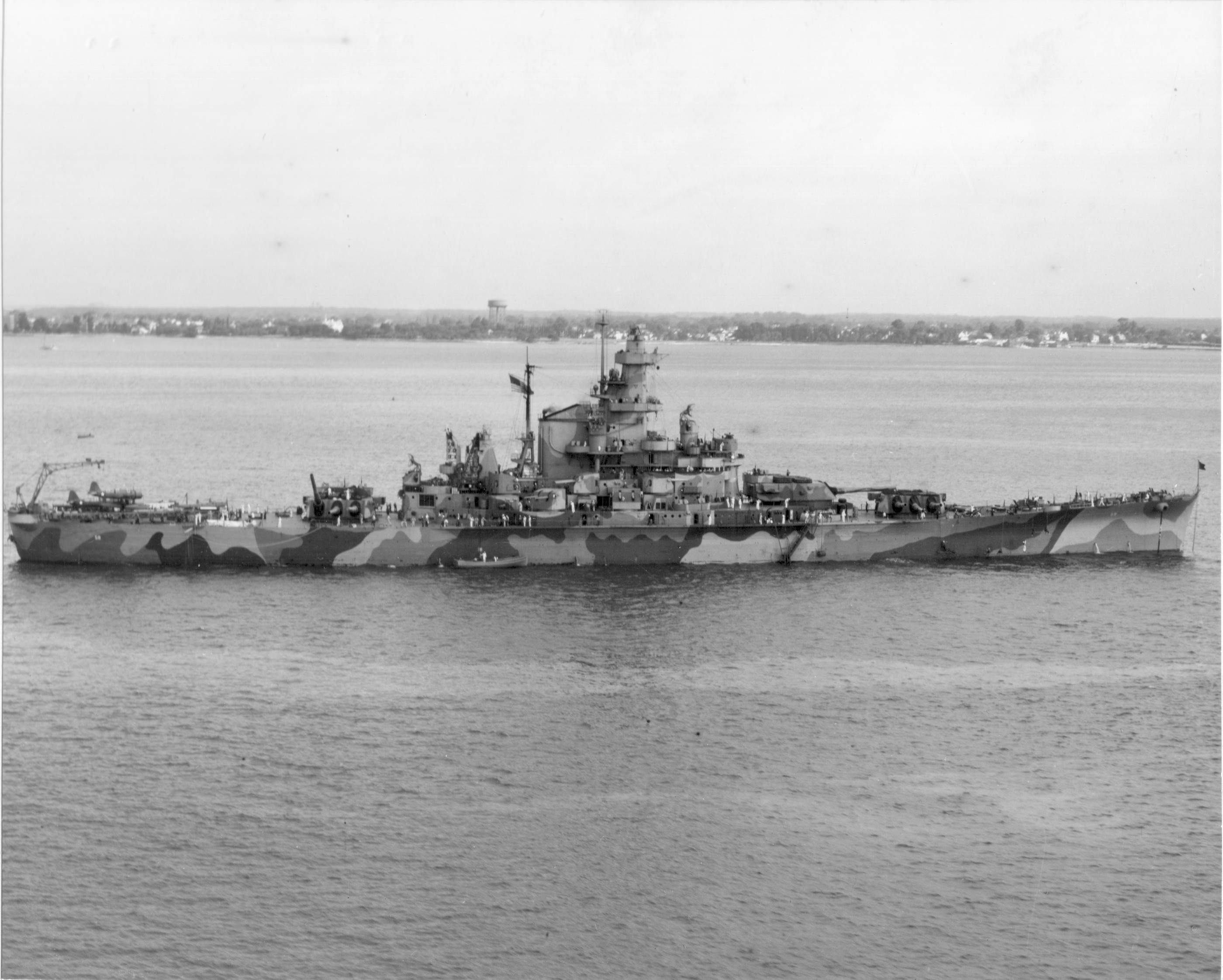 USS Indiana off Norfolk, Virginia, United States, 8 Sep 1942, photo 3 of 5; note OS2U Kingfisher float planes on fantail