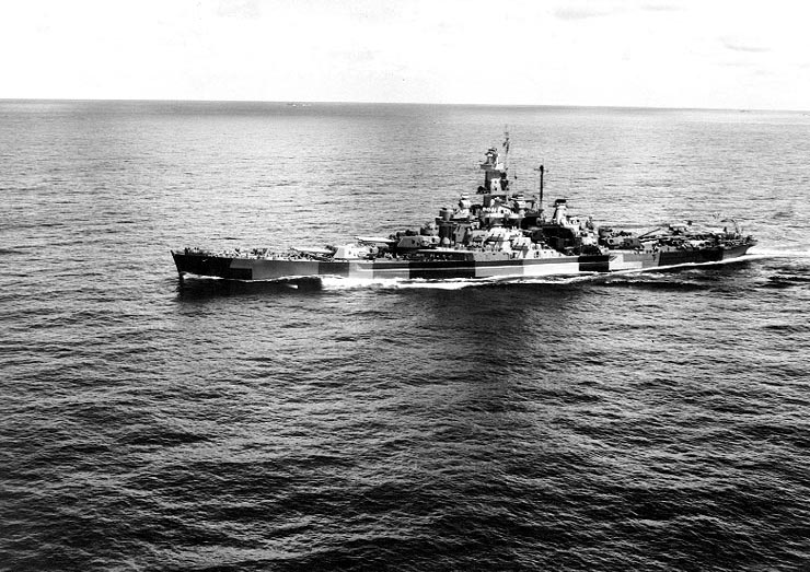 Battleship Indiana en route to attack Taroa Island airfield, Maloelap Atoll, Marshall Islands, 27 Jan 1944; photo 1 of 2