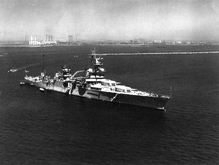 Indianapolis off San Pedro, California, United States, Terminal Island and Long Beach in background, 22 Apr 1935