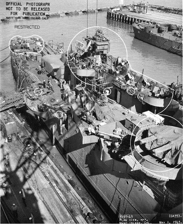 Indianapolis at Mare Island Navy Yard, California, view of her after superstructure and hull from the starboard side, heavy cruiser Minneapolis in background, 1 May 1943