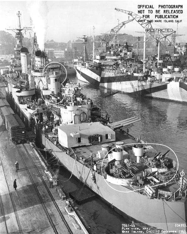 View of Indianapolis' port quarter, Mare Island Navy Yard, 7 Dec 1944