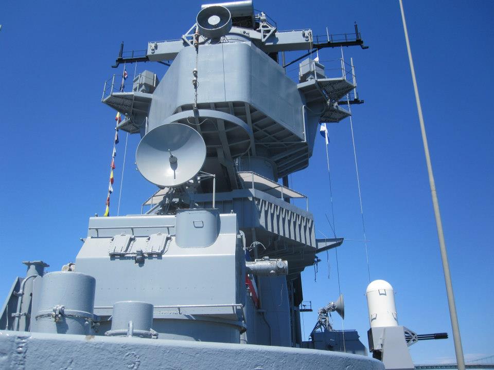 Close-up of the top of the superstructure of museum ship Iowa, 2012