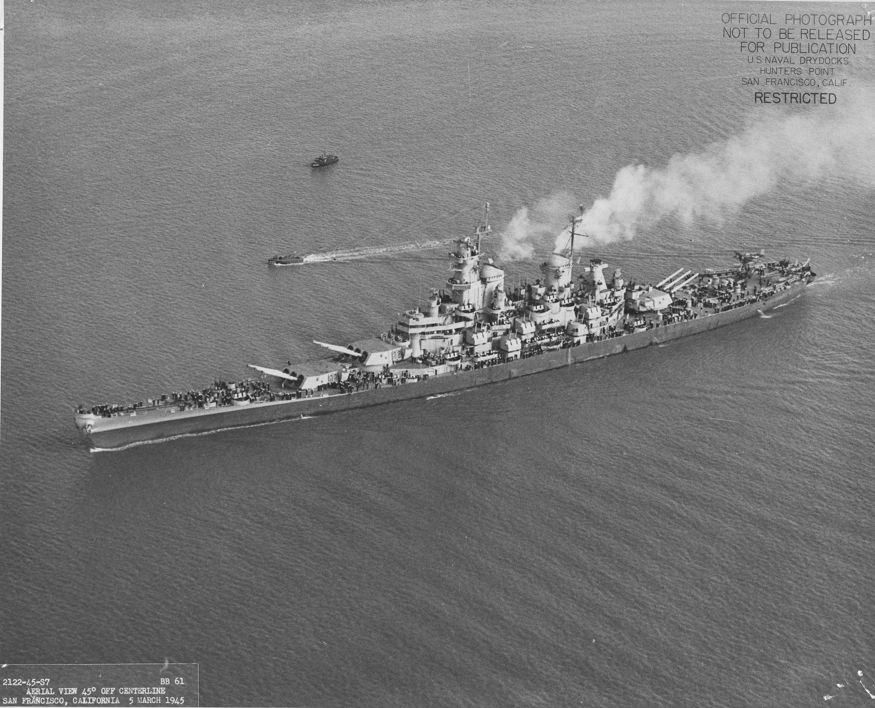 USS Iowa with newly-equipped SC-1 Seahawk aircraft, 5 Mar 1945