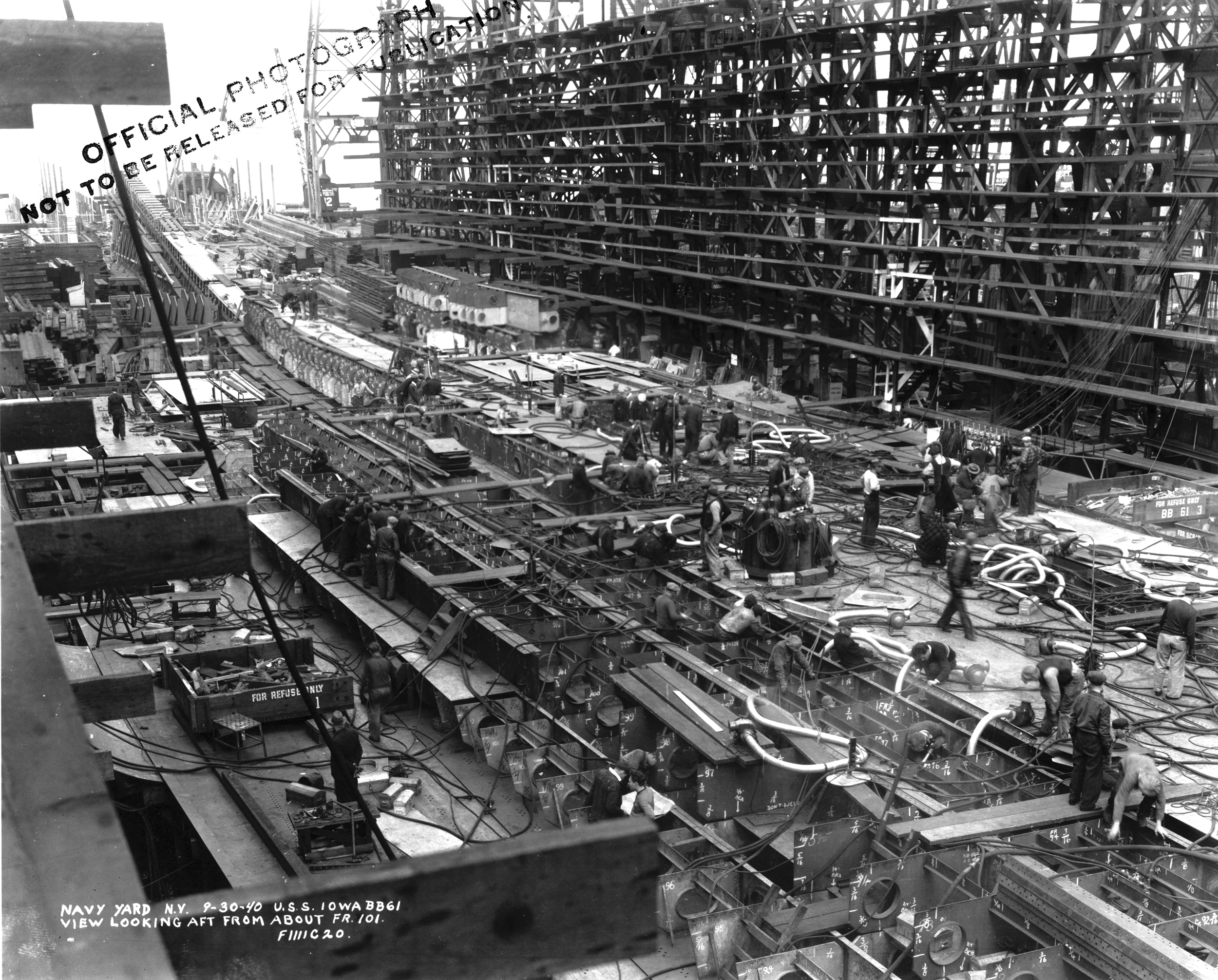 Battleship Iowa under construction, New York Navy Yard, New York, United States, 30 Sep 1940, photo 1 of 2