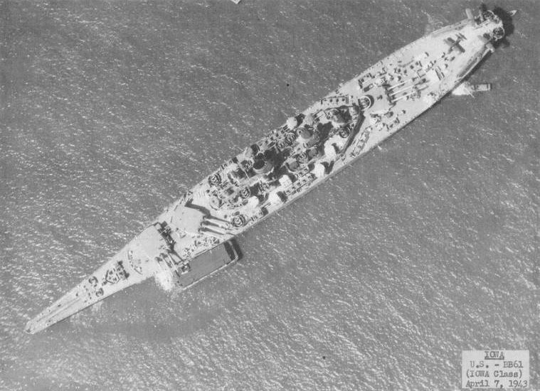 Bird's-eye view of USS Iowa, off Bayonne, New Jersey, United States, 7 Apr 1943