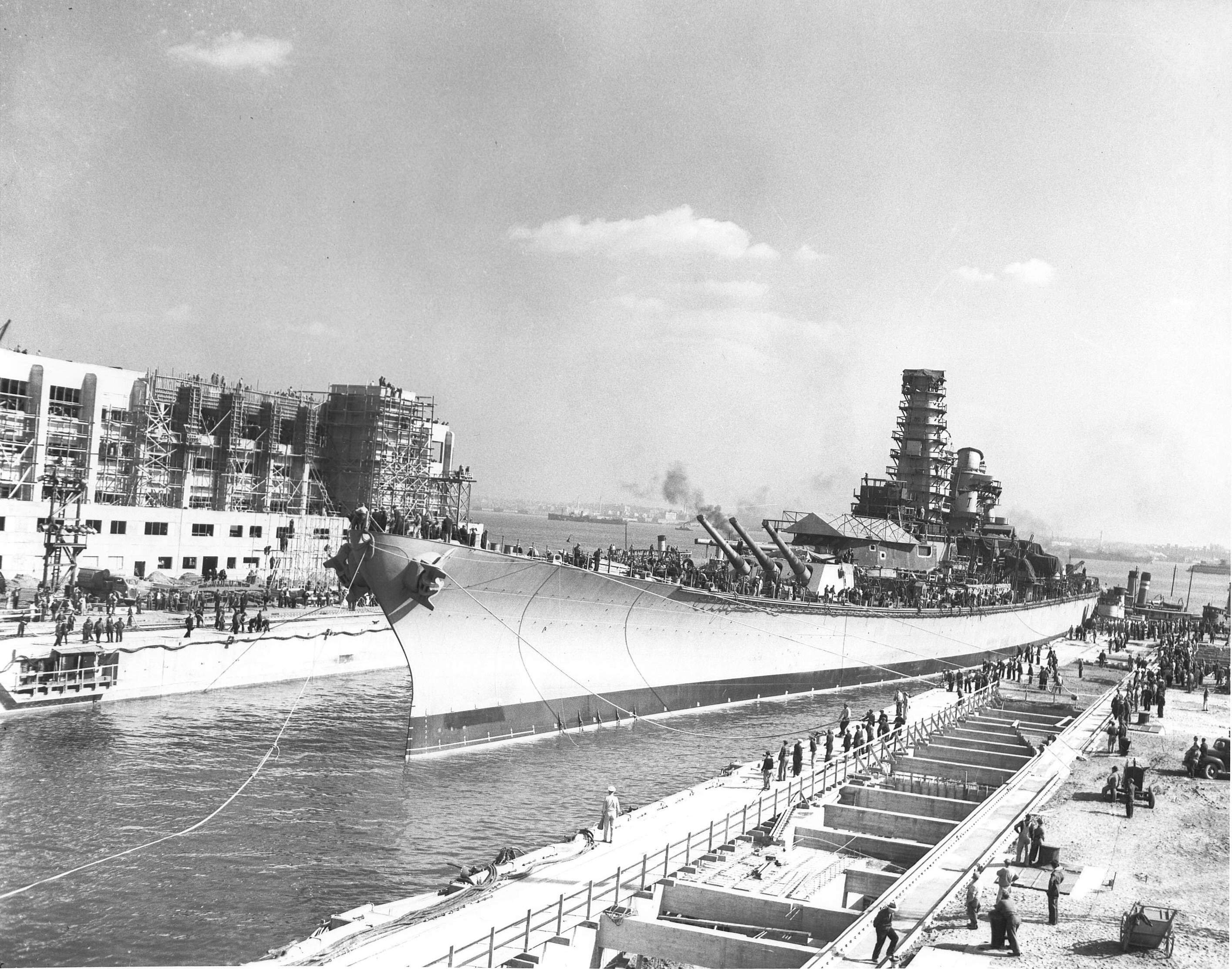 Battleship Iowa shortly after launching, New York Navy Yard, New York, United States, late Aug 1942
