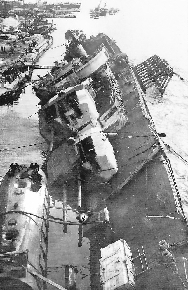 Sunken Jean de Vienne being righted, Toulon, France, early 1943
