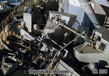 Close-up of some of HMS King George V's anti-aircraft weapons, Nov 1942