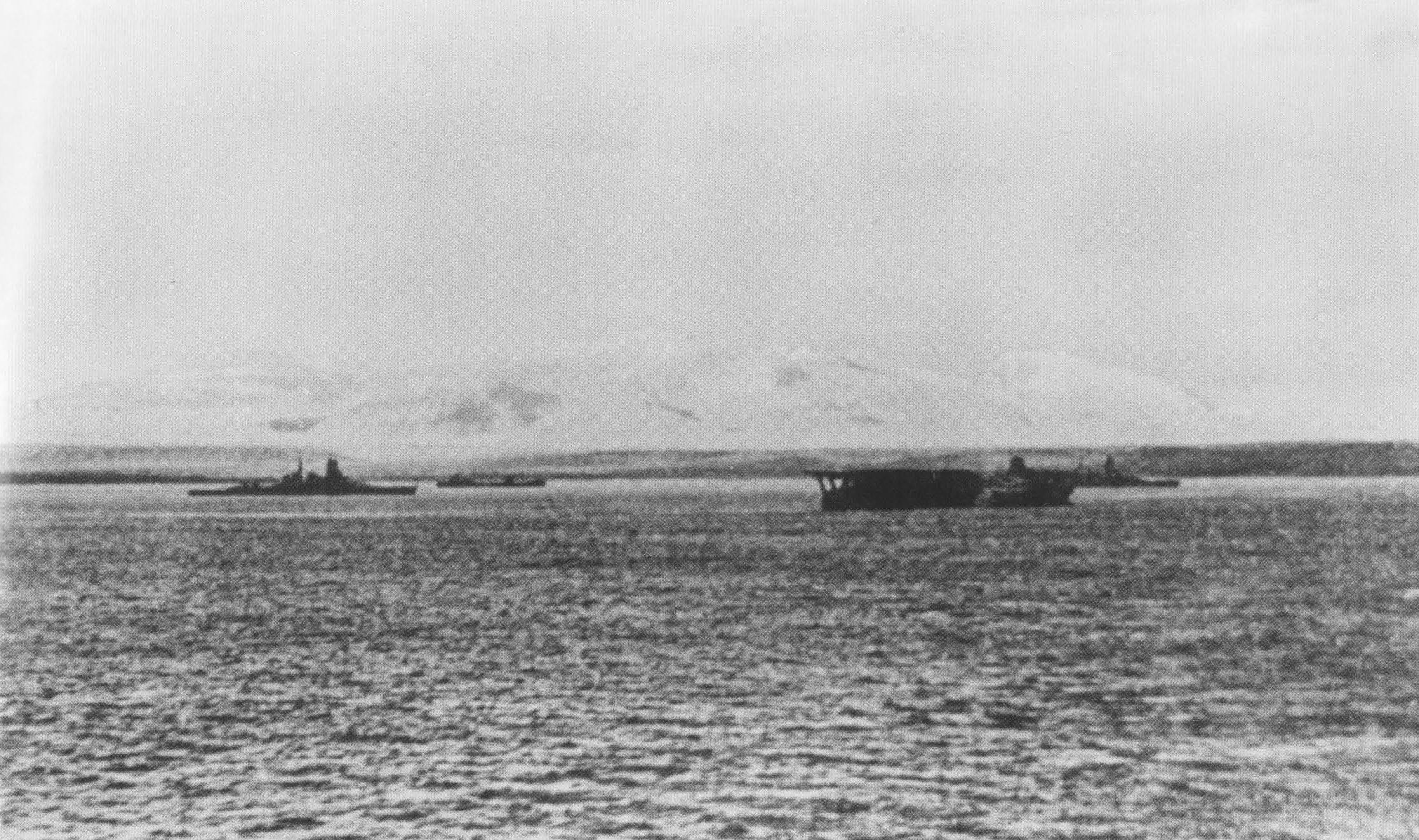 Japanese battleship Kirishima, carrier Kaga, and battleship Hiei at Hitokappu Bay, Etorofu, Kurile Islands, 23 Nov 1941