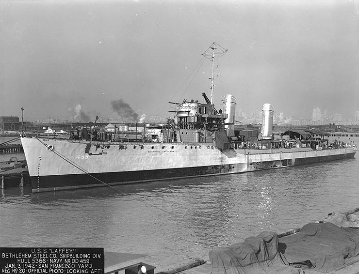 Laffey fitting out at the Bethlehem Steel Company shipyard, San Francisco, California, United States, 3 Jan 1942; note San Francisco's skyline in background