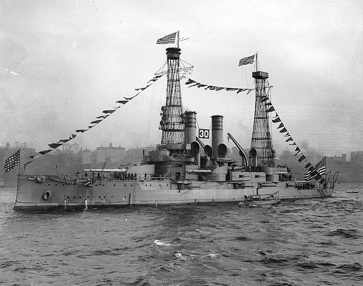 USS Idaho dressed with flags during the Naval Review off New York, New York, United States, Oct 1912