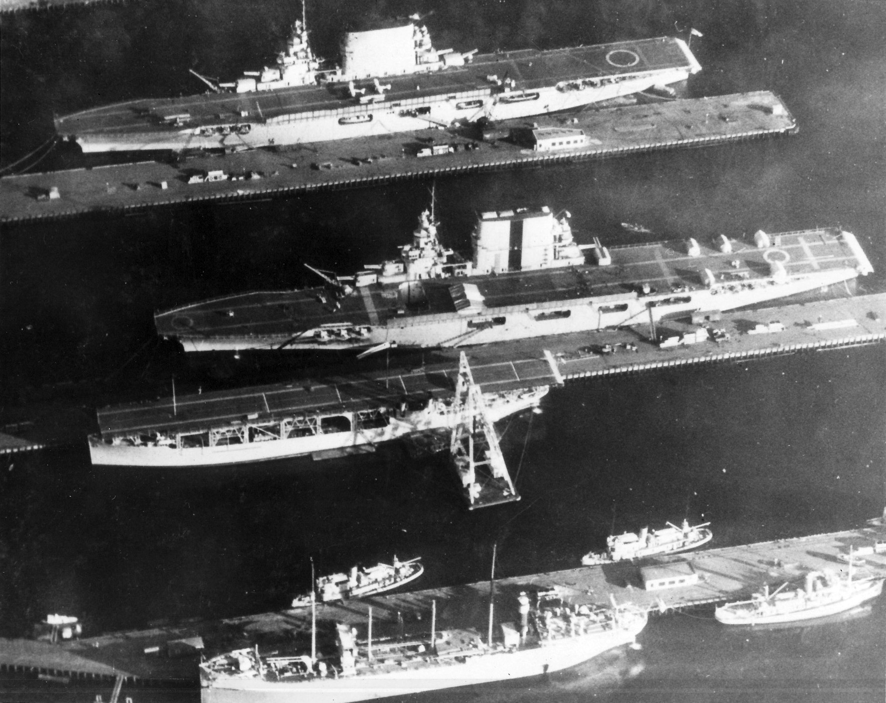 USS Lexington (top), USS Saratoga (center), and USS Langley (bottom) at Puget Sound Naval Shipyard, Bremerton, Washington, United States, 1929